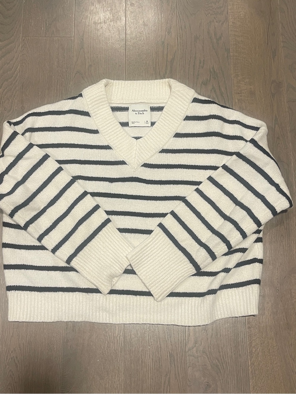 Abercrombie & Fitch White and Navy Striped V-Neck Sweater